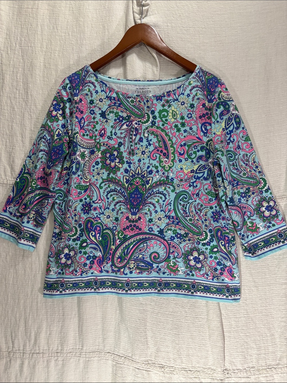Talbots Pima Cotton Bateau Neck Sprouting Paisley Tee Blue Floral XLP